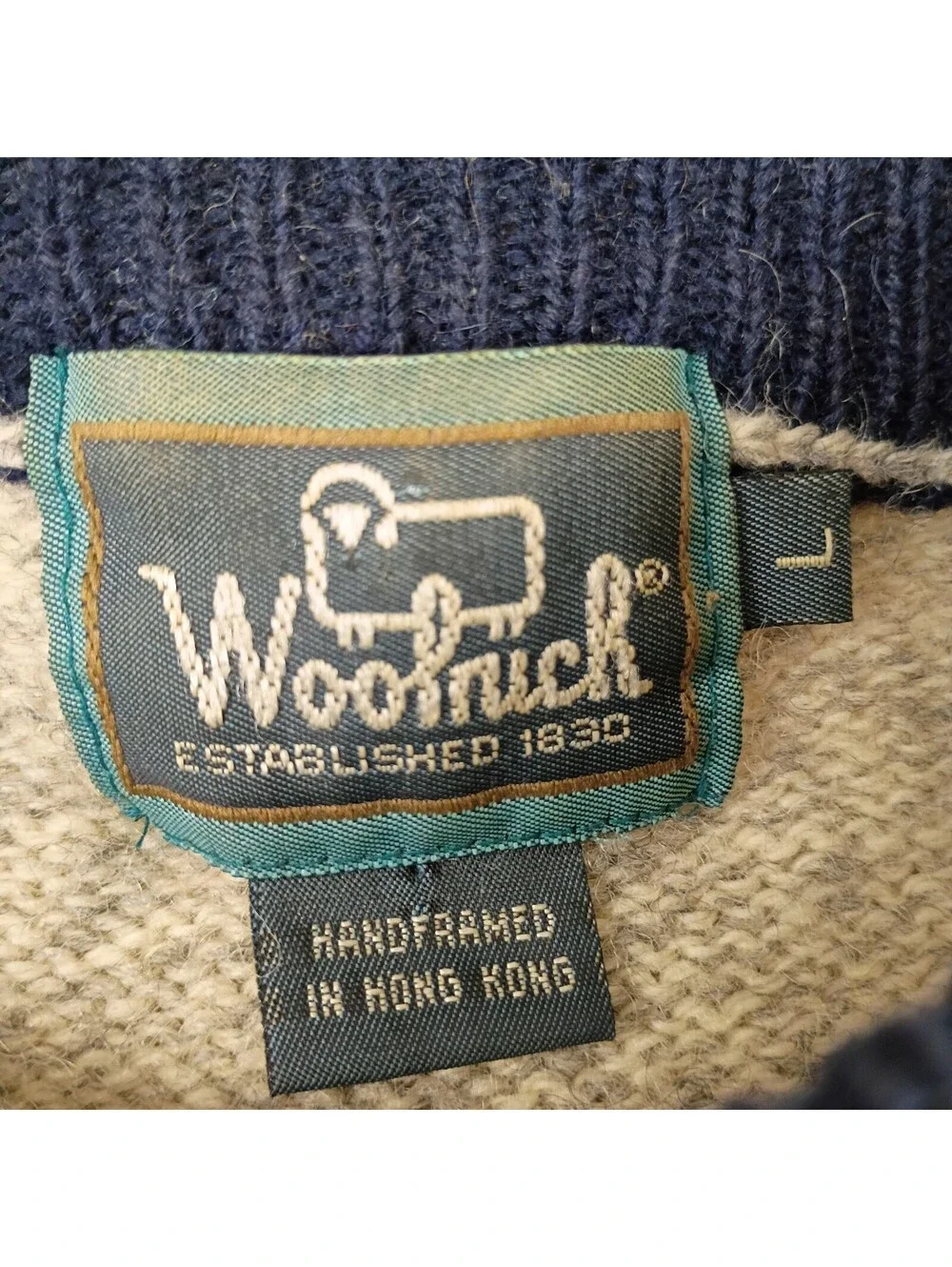 Vintage WOOLRICH Sweater Mens Adult L Wool  Knit Made in Hong Kong Oatmeal Blue